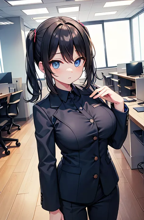  HD　 Masterpiece　Beauty　 black hair　 short twin tails　 blue eyes　 android　 operator　digital design business suit　office