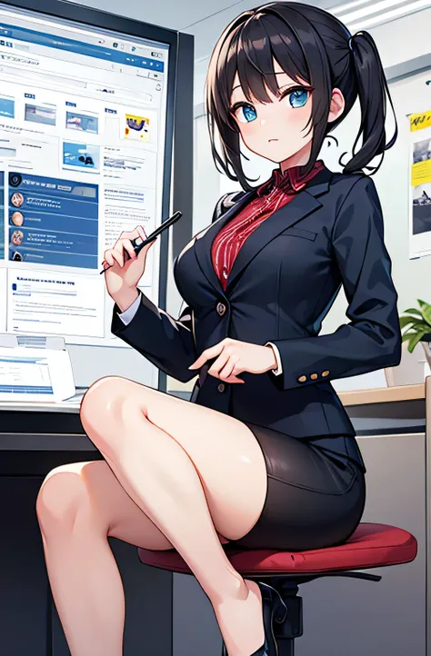  HD　 Masterpiece　Beauty　 black hair　 short twin tails　 blue eyes　 android　 operator　digital design business suit　office