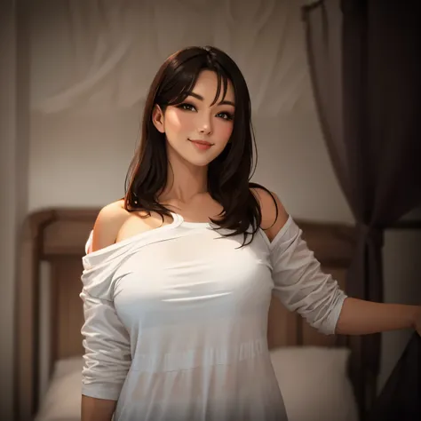 Hot MILF, wearing oversized t shirt, bare shoulder, seductive gaze and smile, inviting onto bed