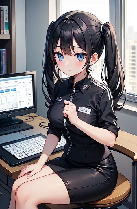  HD　 Masterpiece　Beauty　 black hair　 twin tails　 blue eyes　 android　 operator　digital design business suit　office