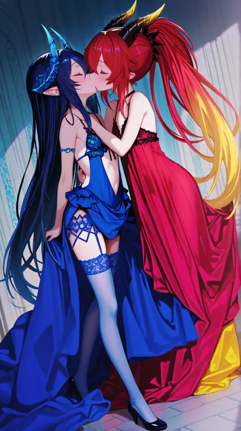 Kizi，Highly detailed, Amazing work，Vitreous luster,((clean backdrop))，In purple，(((blue colors)))，red color，yellow colour，Best quality at best，clean backdrop, young asian lesbians, horns, fantasy, demons, sexy, kissing, lingerie, slender, small breasts, pe...