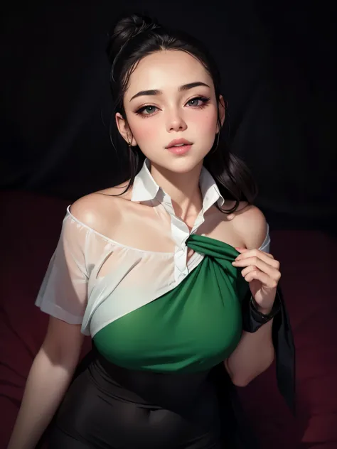 Amazing portrait of a sexy woman with a beautiful face with lustful eyes gazing seductively and parted pink lips smiling as she blushes deeply with her black hair in a bun wearing a green satin shirt that is partially unbuttoned and falling off her shoulde...