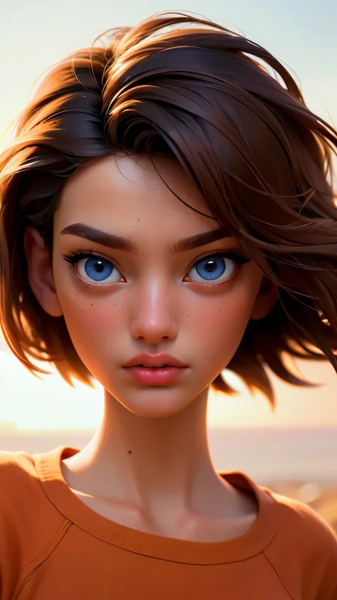 woman, short hair, orange tshirt, perfect hands, realistic, hypernaturally, expressive eyes, dimension, art art, bohemian, aesthetic, lineout, high quality, work of art, hyper-detailing. half body portrait.