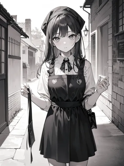 Masterpiece, Best Quality, 1 girl, Long hair, Bandana, Apron, Village, Monochrome, Cowboy shot