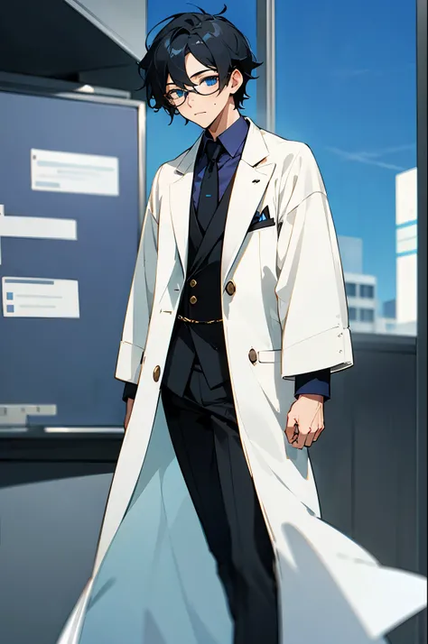 Young , male, In office background , Cloaked up, in a white suit, glasses, Black Hair, blue eyes,  High quality, perfect generation 