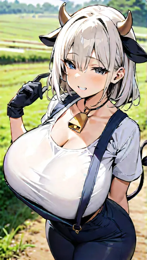 ((Best Quality)), ((masterpiece)), (detailed), 1 girl, short white hair, black locks, black eyes, cow ears, cow horns, big breasts, big thighs, cow tail, expression smiling, long tight blue dungarees pants, White T-shirt, bell necklace, short black gloves,...