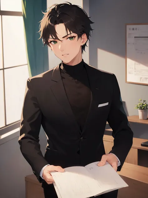 side angle,Japanese manga style, shiny skin, masterpiece, best quality, (28-year-old male: 1.5), (short brown hair) and (green eyes),BREAK (black Business suit:1.5) and (black turtleneck shirt) BREAK, (serious),inside the office room, (alone: 1.5),(holding...