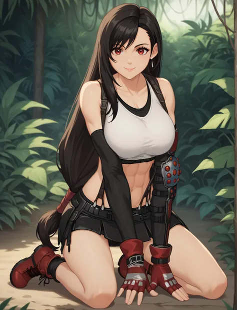 masterpiece, best quality, anime screenscap, tifa lockhart, red eyes, black hair, low-tied long hair, ((young female, sexy body, large breasts)), earrings, white sports bra, black suspenders, black miniskirt, arm warmers, black elbow gloves, elbow pads, re...