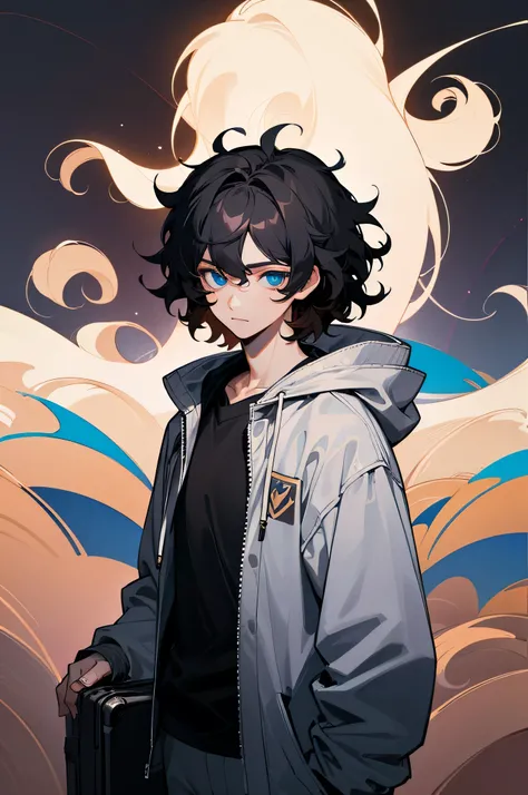 (high-quality, breathtaking),(expressive eyes, perfect face) 1male, nale , solo, young adult, short hair length, wavy curly hair, messy hair, black hair color, deep blue eye color, background, music, mature, haunting twilight background, armor, slightly na...