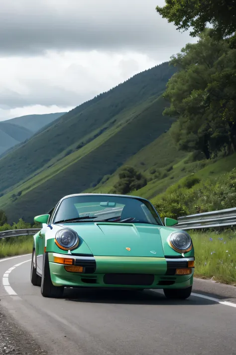 Three-quarters front view of a blue 1977 Porsche 911 coming around a curve in a mountain road and looking over a green valley on a cloudy day. 
