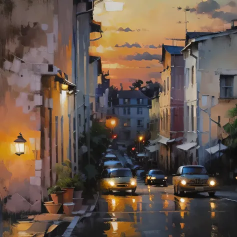 Cityscape Print , stree and old Colonial building, road lamp, cars, sunset, vicheals. Oil Painting