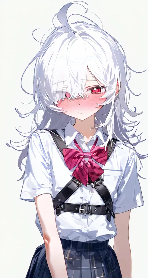 (flat chest:1.0), skinny body, Blushing、To blush、Thick eyes, white hair, long hair, hair over one eye, messy hair, Harness, ahoge, medium hair, ((school uniform))