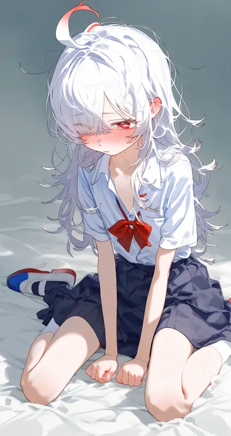 (flat chest:1.0), skinny body, Blushing、To blush、Thick eyes, white hair, long hair, hair over one eye, messy hair, ahoge, medium hair, school uniform, wariza