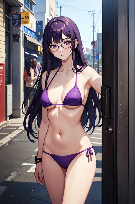 1woman, tall, long hair, purple hair, purple eyes, glasses, bikini, standing on ground, high res, ultra sharp, 8K, masterpiece