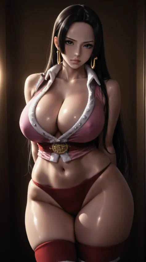 boa hancock, one piece, black hair, blue eyes, detailed coloring, detailed high quality, chromatic aberrations, ultra detailed quality skin, detailed ray tracing lighting, round shape face, huge breasts, extra thick thighs, thigh highs, ulzzang, cleavage, ...