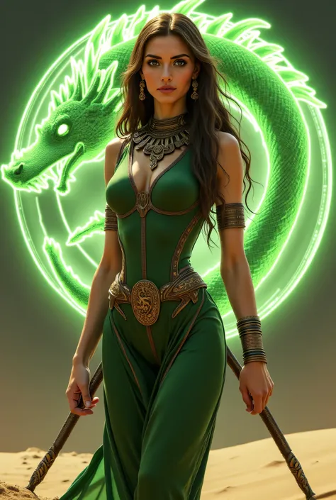 "An Earth-Magic-powered 25-year-old Egyptian female Goddess in a Moss-Green and Hunter-Green suit with Brown metal details, with a Brown metal Dragon symbol on the chest. Holding a whip made of Moss-Green metal. Holographic streams of moss-green energy sur...