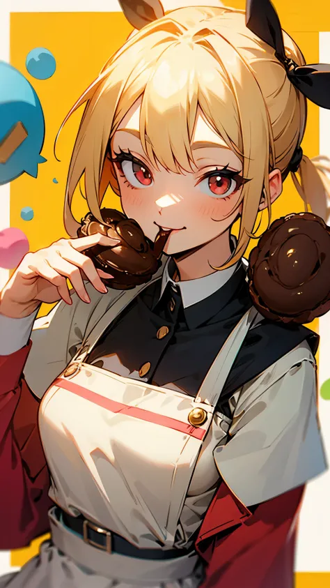 One smiling woman 、solo、 upper body closeup while eating sweets、 ponytails in multiple、 Yellow Hair 、Round red eyes、 apron dress、Make chocolate muffins 