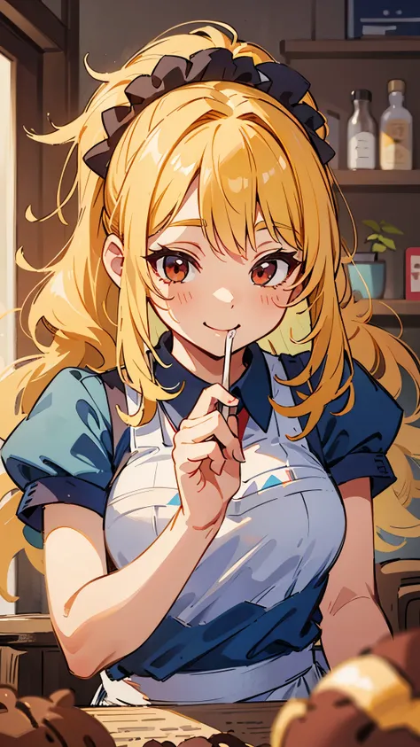 One smiling woman 、solo、 upper body closeup while eating sweets、 ponytails in multiple、 Yellow Hair 、Round red eyes、 apron dress、Make chocolate muffins 