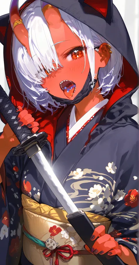 Hooded kimono, 1girl, solo, white hair, hair over one eye, black mouth mask lift, black katana, tongue, frame, long red oni horn, horn on forehead, hand on sword handle