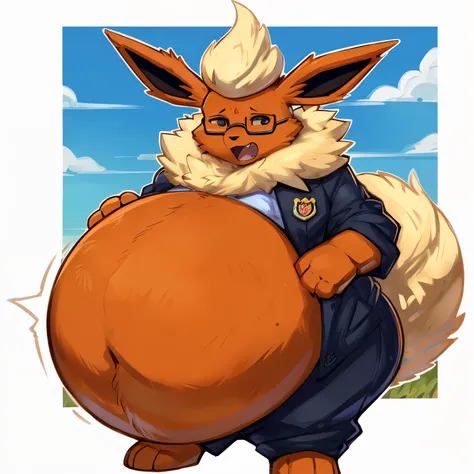 4k ultra quality, 4k half body view,ultra high detailed body,feral (flareon),enormous body,(small head), (hyper belly), (round belly),bloated belly,side view,by Zackary911,drawn in the style of Akira Toriyama, animated in the style of Toei animation studio...