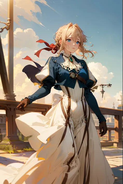 Masterpiece, top quality, high resolution, violet evergarden , braided, hair bow, red ribbon, jewelry, white ascot, Blog, blue jacket , Long Sleeve, brown gloves, white dress, long dress, standing, cowboy shot, Outdoors
