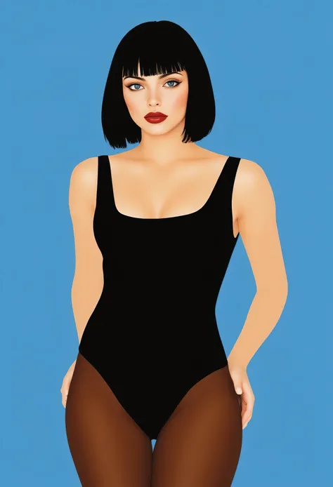 Aesthetically_Pleasant_Pose, 1Woman, Solo, Stencil, close up, A captivating simple Vector art of a black bob hair female wearing a sleeveless black bodysuit, collarbone, blunt bangs short bob cut with blue eyes, and a red lips, bare shoulders, cleavage, br...