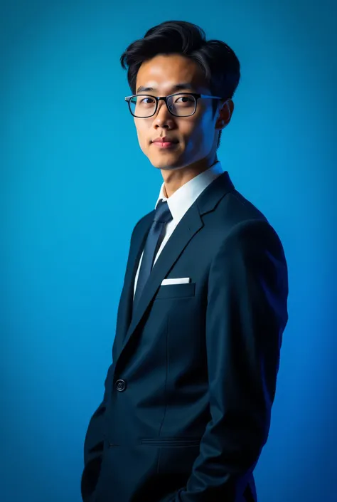 27 YEAR OLD asain BOY WEARING FORMAL AND GLASSES POSING FOR LINKEDIN blue LIGHT IN BACKGROUND