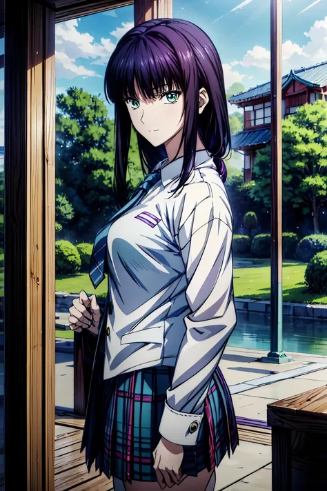  Smile Face,  blazer uniform,赤  purple hair,  Green Eyes ,  eyes like jewels, 超 high resolution, (((  Green Eyes))),赤  purple hair,  beautifulアニメ高校の女の子,( Masterpiece:1.2, 最  high quality ), ( exist, photo exist:1.4),  beautifulイラスト, (  natural light , Movi...