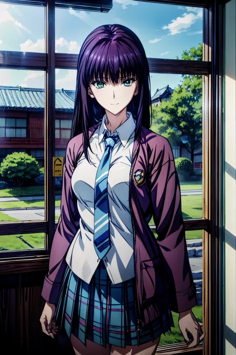 Smile Face,  blazer uniform,赤  purple hair,  Green Eyes ,  eyes like jewels, 超 high resolution, (((  Green Eyes))),赤  purple hair,  beautifulアニメ高校の女の子,( Masterpiece:1.2, 最  high quality ), ( exist, photo exist:1.4),  beautifulイラスト, (  natural light , Movi...
