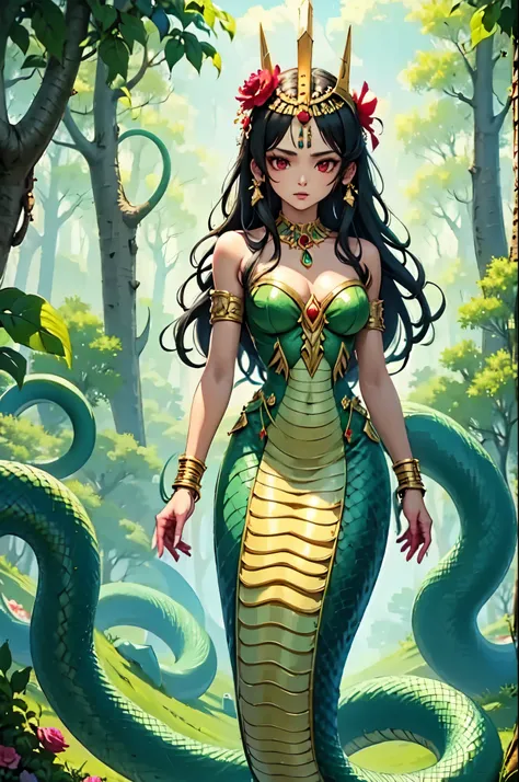 Egyptian Queen，skull crown  ，  snakeskin dress  ，  holds a black python in her hand，  red eyes。，peony，lightning