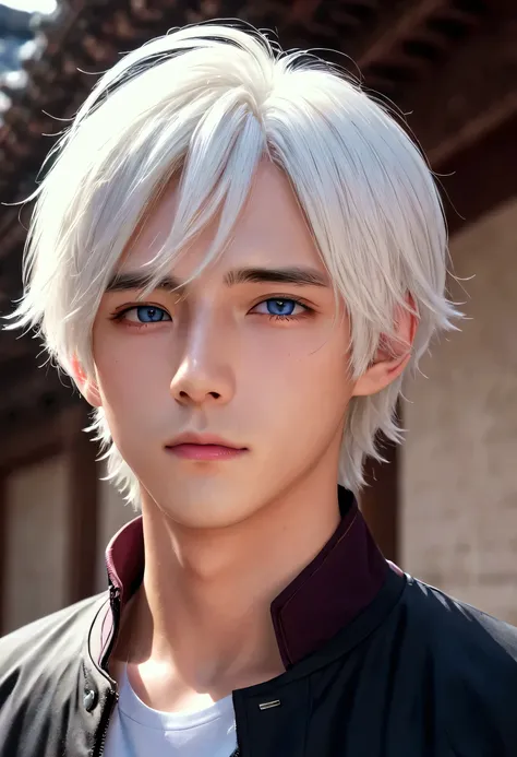 age boy, white hair(gojo Satoru hairstyle), blue eyes, black jacket, maroon sweeter long collar, pretty boy, sweet boy, Chinese boy, charming boy, pink lips, realism, high quality, lil chubby, soft boy, cute boy, white skin, half body  pose