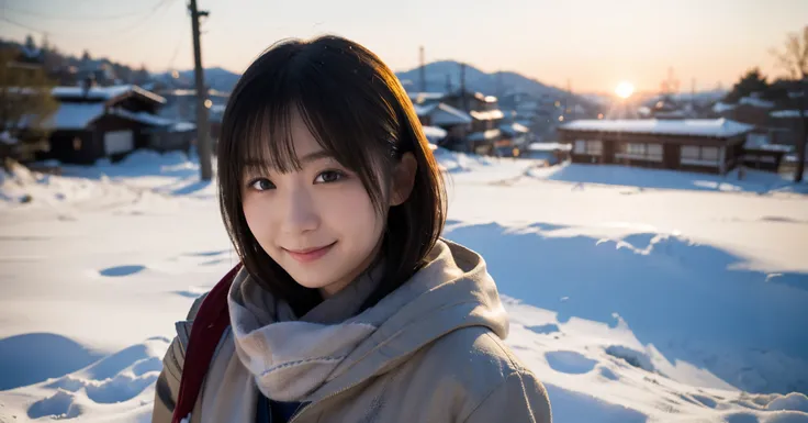 ( top quality, Masterpiece:1.3, ultra high resolution),( Super Detail, caustics,8k), ( photorealistic:1.4, RAW shooting),Kyoto piled up with snow, Japanese,20 years old, cute,(smile), staring at the camera, black hair short, brown down jacket, bust up shot...