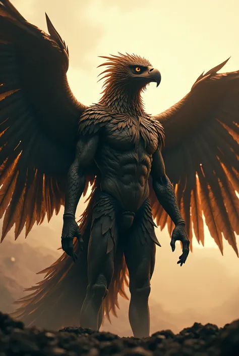 the combination of human and eagle forms creates a spectacular creature, its body is full of facial feathers like an eagle that can stand, there are wide wings extending from its back. 9:16