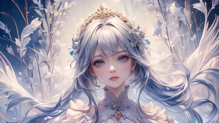 ( top quality,8k,CG,Beautiful detailed upper body,Lonely,,Tulle Coat Dress , floral background , complex facial features ,The girl with fluttering long hair , Almond Eyes ,Elegant eye makeup,Long Curling Lashes ,Eyes wide open,Starry Sky ,Stunning lip deta...