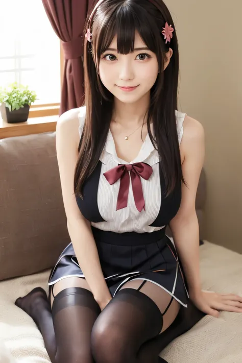   1 Japanese woman 、２８age、Alone、  long hair、Chest、   Viewers' Perspective 、、smile、bangs、  skirt、   hair ornament、ribbon、   Shoulder Extensions Full Breasts 、 sitting indoors in POV、Shut up、whole body、  pantyhose、  thighs、 sleeveless、clip、feet、赤いribbon、feet...