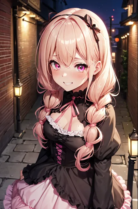 (High quality, High resolution, Fine details), Urban Alley at night, (View from above), gothic lolita outfit, black dress, pink ruffles, pink lace, pink ribbons, solo, curvy adult women, Blonde hair, Twin-tailed Hairstyle, (Glowing red eyes), (Detailed eye...