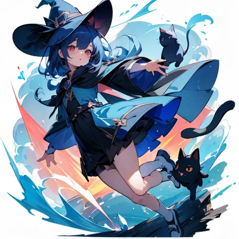 Cat Witch , かわいい黒と赤のCat Witch、blue cloak and white shoes  ,   mascot character ,   little character ,  high quality,  high resolution, 8k,   mascot character ,Deformed , cute, 