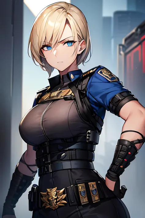 A highly detailed portrait of a female police officer with short, cropped blonde hair and piercing blue eyes. She has a calm yet intense expression, with faint scars visible on her neck and hands. She wears a standard police uniform with a badge on her che...