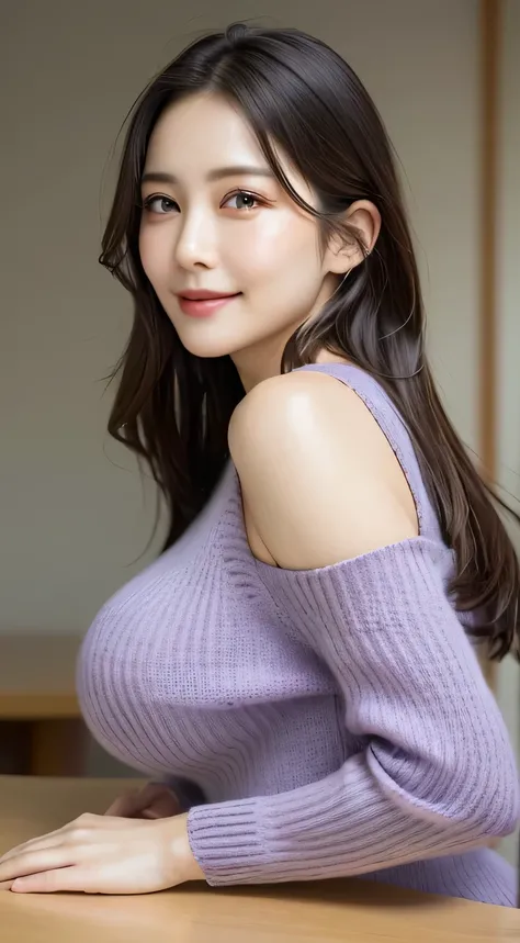 Tabletop, Highest quality, Realistic, finely, High resolution, 8k wallpaper, Perfect dynamic composition, Beautiful and beautiful eyes, Long Hair, Big and ample breasts, look back, Random sexy poses,Random Situation、(Tight Lavender Knitwear)、(Breast swelli...