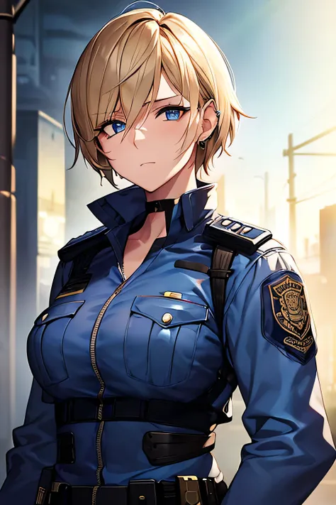 A highly detailed portrait of a female police officer with short, cropped blonde hair and piercing blue eyes. She has a calm yet intense expression, with faint scars visible on her neck and hands. She wears a standard police uniform with a badge on her che...