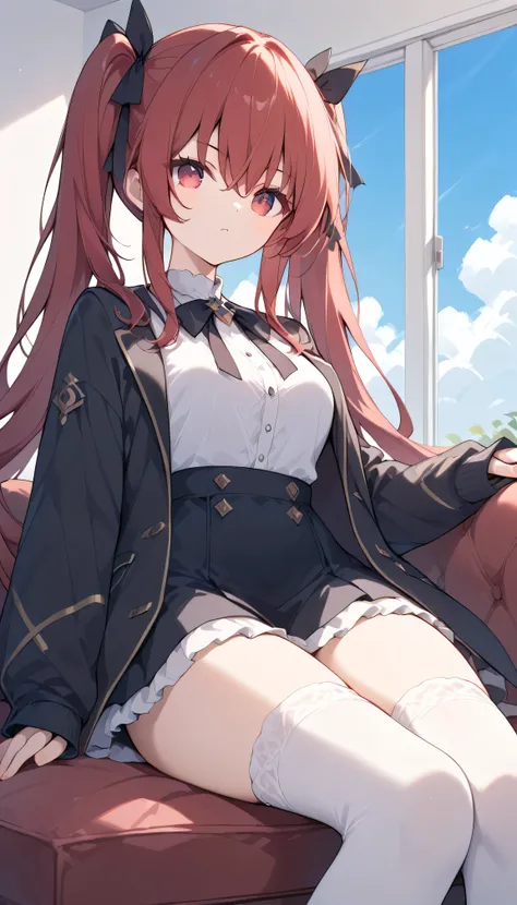  twin tails　 black ribbon　 long hair　 red hair 　 red eyes　　　 eyebrows visible from inside hair ,  hair between eyes,  watches viewers, masterpiece,  top quality, very aesthetic　 casual clothes　 white shirt　 black jacket　 skirt　white thigh-high socks 屋外　 do...