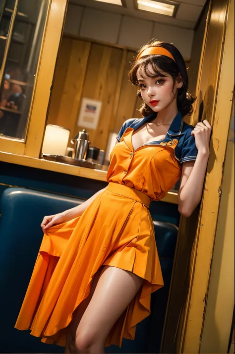 UHD, 32k, Masterpiece, top quality, Surrealism, Orange Dress, dark blue Skirt, Headband, 1950s Style, Pin-up Style, Diner Uniform, 