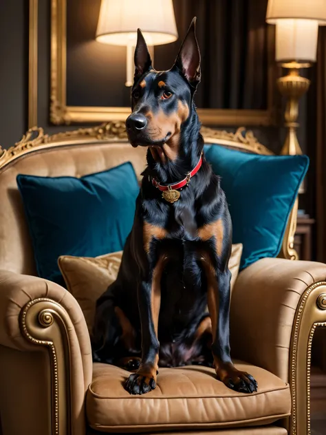 a highly detailed photograph of a proud doberman dog sitting on a royal blue and gold luxury armchair, the dog is wearing a red collar, photorealistic,8k,HDR,physically-based rendering,masterpiece,professional photography,vivid colors,elegant,regal,noble,p...