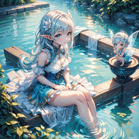1 girl, pretty face、baby face、((( dynamic best composition 、 very detailed、 top quality、 Greatest Masterpiece、 HD、 perfect anatomy in pool water )))、 sitting by the river and playing with fairies、 chibi、 cute、