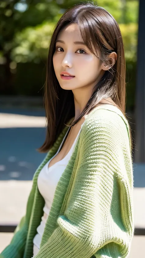 ( top quality、16K resolution) in the seat、solo、 Natural Soft Light 、 small boobs、日本のwoman、 look at the camera、green long sleeve knitted cardigan、 concrete background、 facing forward、 standing、Beaver、 woman 、Light bang、 medium hair、Salon model、 natural appe...