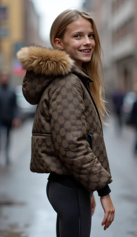 Backside diagonally photo from side behind of a sweaty hot wet cute beautiful darkblonde furtuned dutch spanish italia young posing age femboy wearing dull canvas grey brown burgundy gucciprint cropped short cozy puffy winterjacket. Huge big brown furry fu...