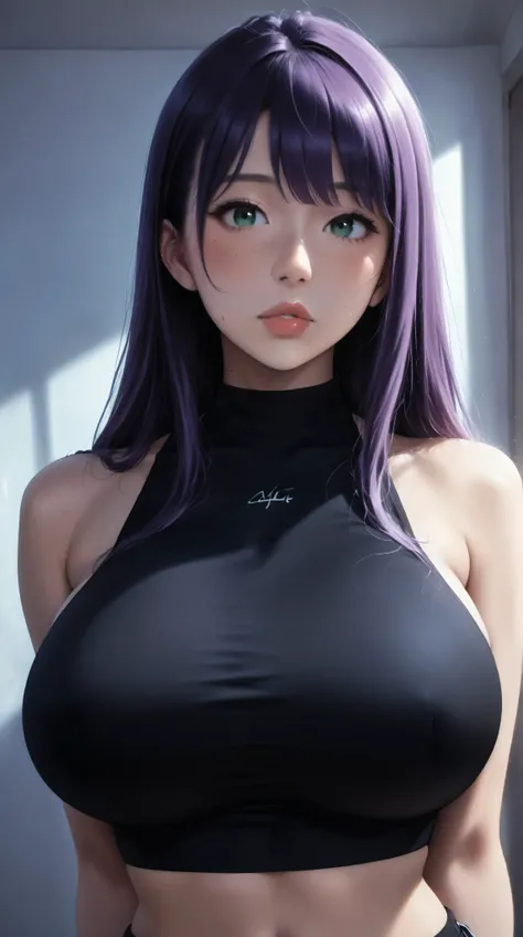 (masterpiece, highres, high resolution:1.2), anime 20 yo girl, portrait, shoulders up, illustration. drawn, violet hair, asian girl, green eyes, blushing, solo, surprised, freckles, big lips, huge breasts, perfect body, wearing a tight crop top, no hands.