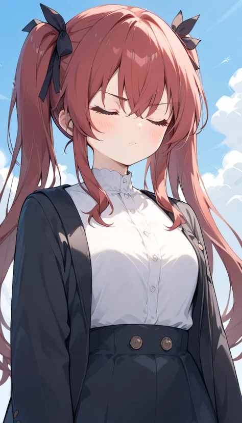  twin tails　 black ribbon　 long hair　 red hair 　closed eyes　 eyebrows visible from inside hair ,  hair between eyes, masterpiece,  top quality, very aesthetic　 casual clothes　 white shirt　 black jacket　 Outdoors　 downtown　Square　blue sky　face focus　anger　b...