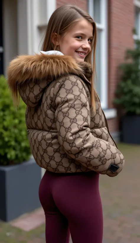 Backside diagonally photo from side behind of a sweaty hot wet cute beautiful darkblonde furtuned dutch spanish italia young posing age femboy wearing dull canvas plum beige brown burgundy gucciprint cropped short puffer jacket. Huge big brown furry fur ho...