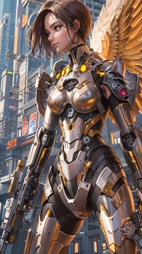  Masterpiece,(  top quality ),highlydetailed, Super Detail, 1 girl,(MechanicalWings:Golden, glowing eyes:green,Goldenrarmor:1.2, Elon Gated Years:0.8),( cyberpunk city :1.5,arms: energy blade ),( Fantasy Scenery:1.2, natural light:1.5, confident look),( pa...